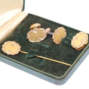 Antique 14k  Gold Front Cufflinks and Tie Bar and Lapel Pin in original box